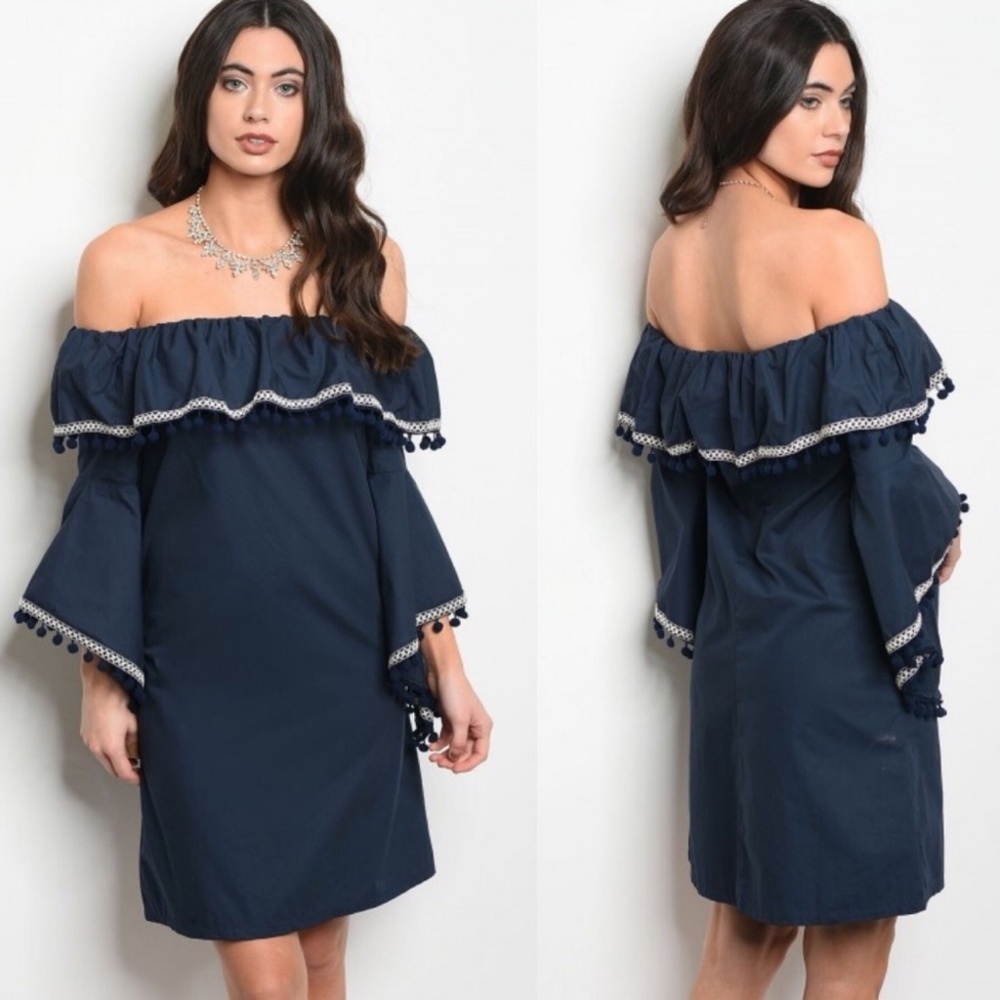 ⚓Navy Off Shoulder Pom Pom Ruffle Dress